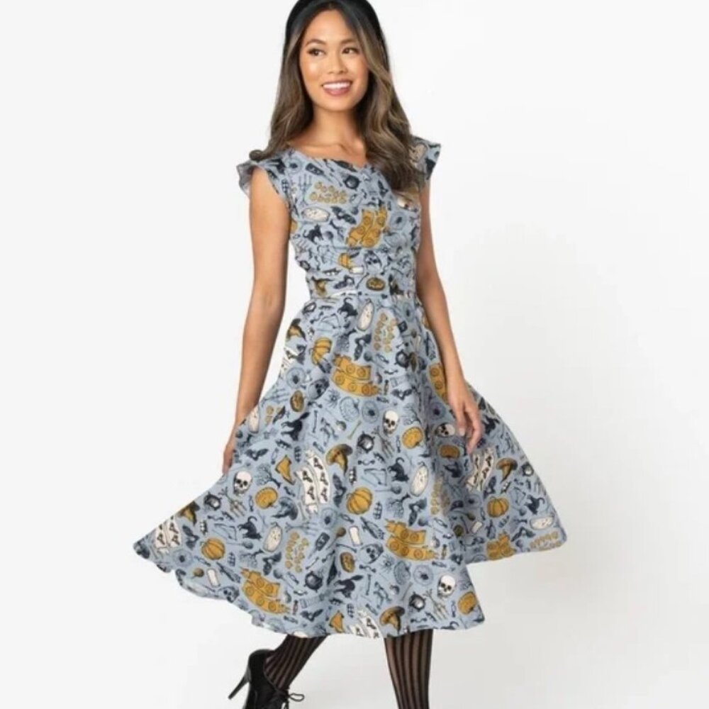 Dusty Blue Halloween Print Judy Swing Dress